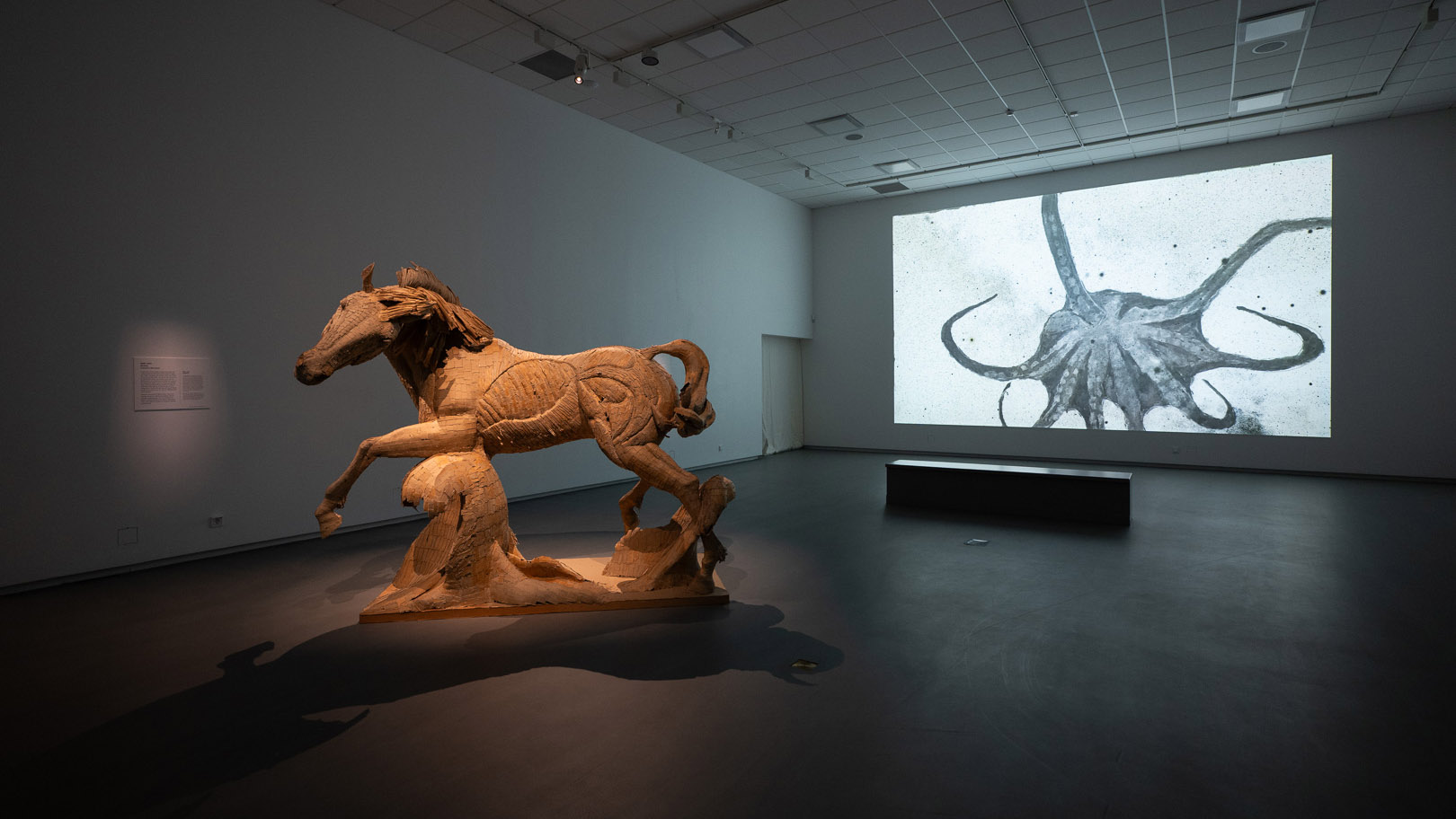 Utställningen Under ytan på Hallands Konstmuseum. Skulpturen Sjölik av Sebastian Blomqvist och videoverket Amina av Helena Wikström.