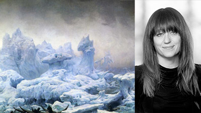 Illustration över snö och is i ett polarlandskap med ett infällt foto av en kvinna.
