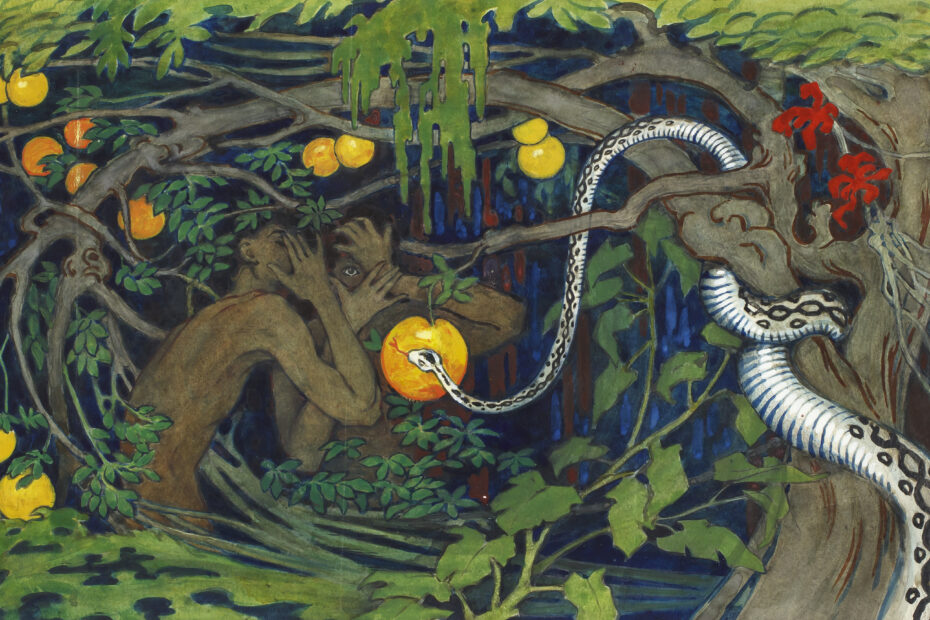 Två mänskliga figurer sitter i ett lövverk med hängande frukter. En orm är på väg att slingra sig mot dem.