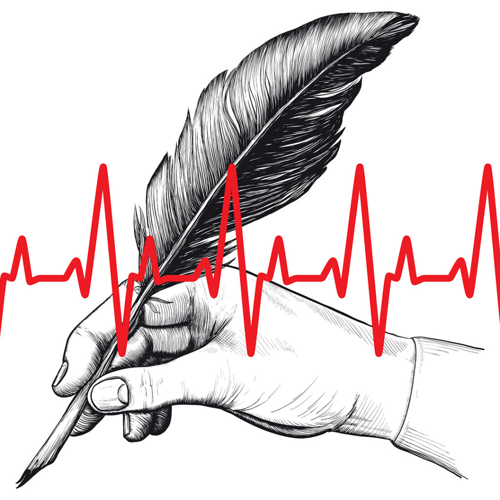 Tecknad illustration där en hand håller i en fjärderpenna. Ovanpå illustrationen går en röd kurva som markerar hjärtslag.