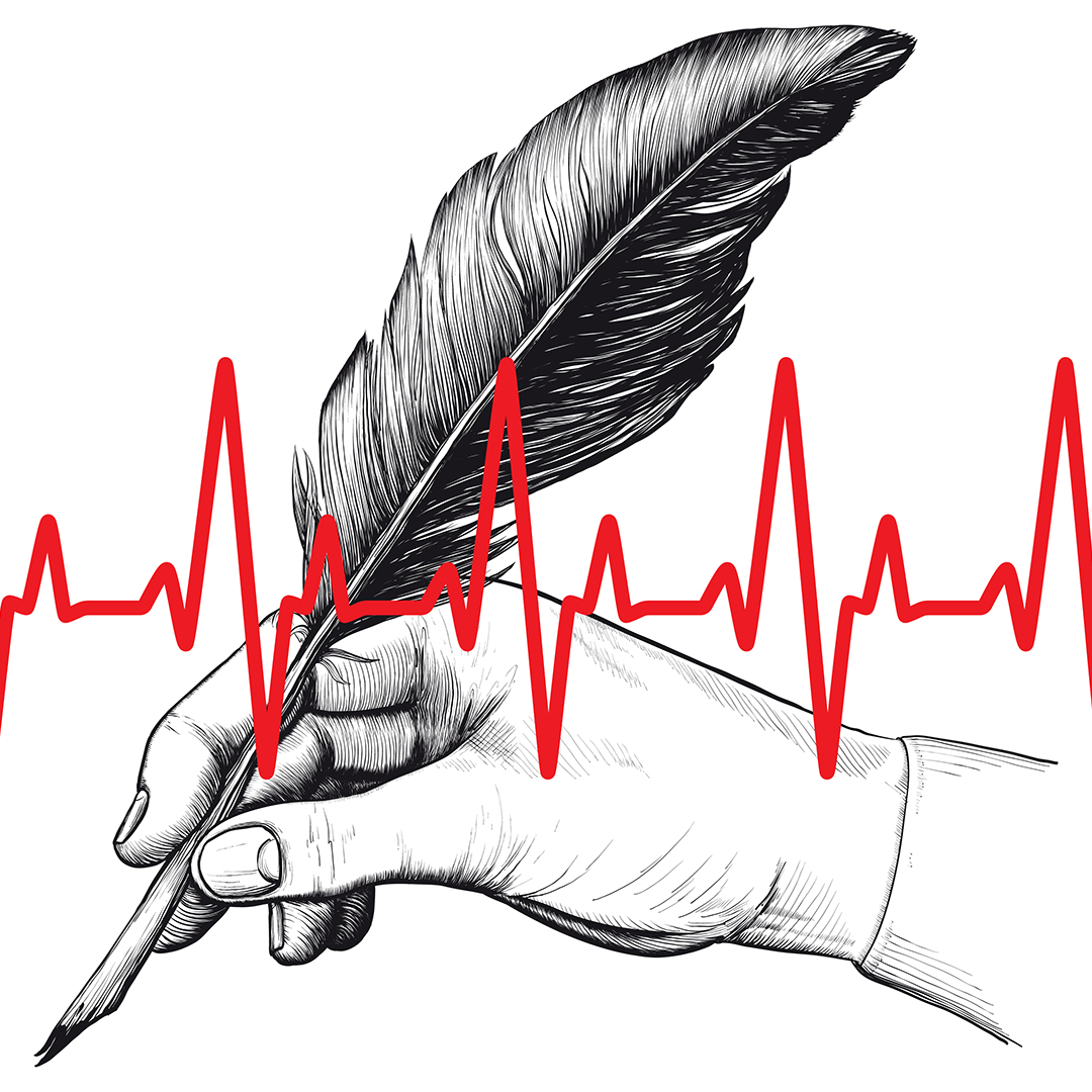 Tecknad illustration där en hand håller i en fjärderpenna. Ovanpå illustrationen går en röd kurva som markerar hjärtslag.