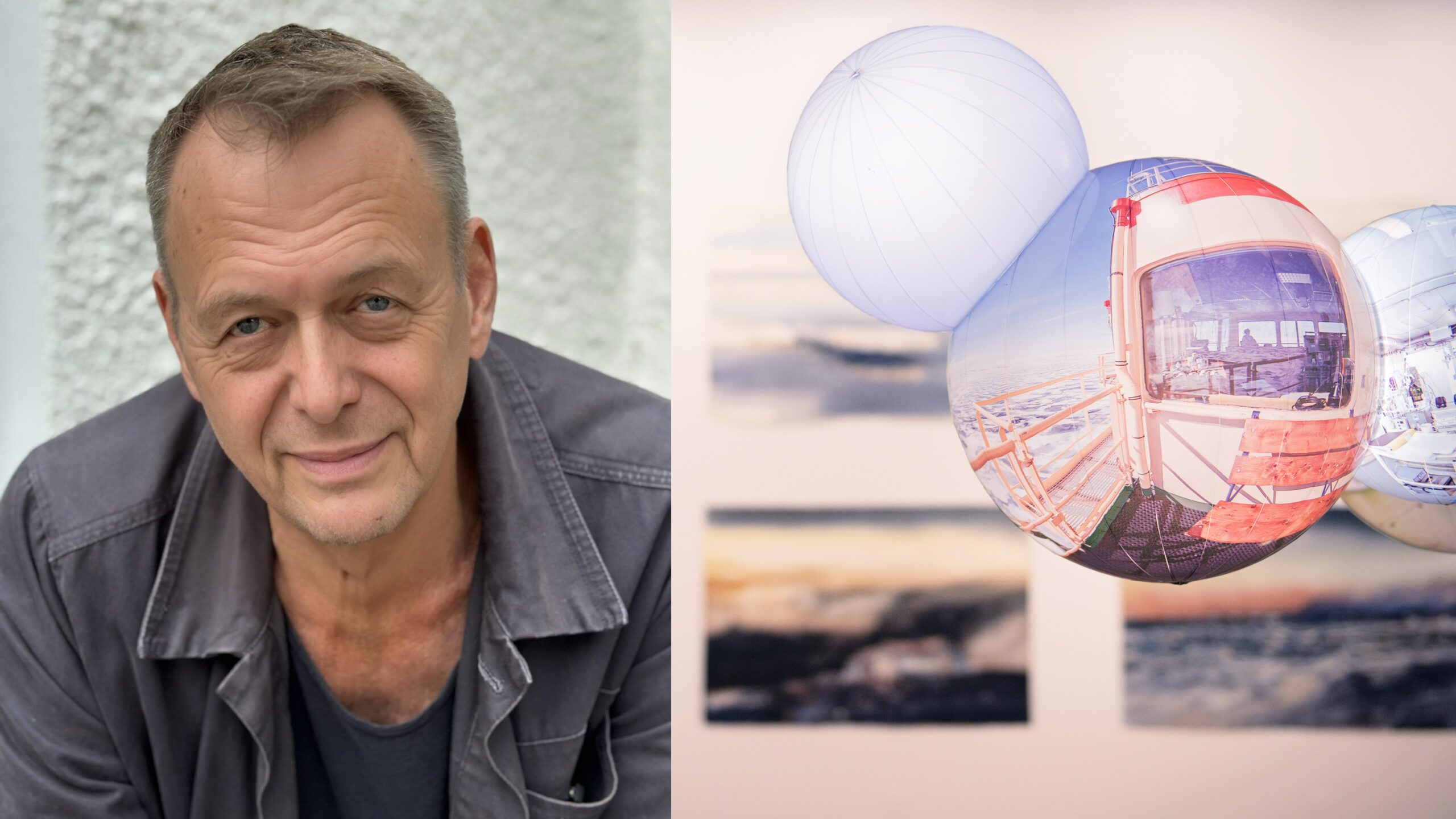 Bildmontage med porträtt av Johan Petterson intill konstverk ur utställningen.