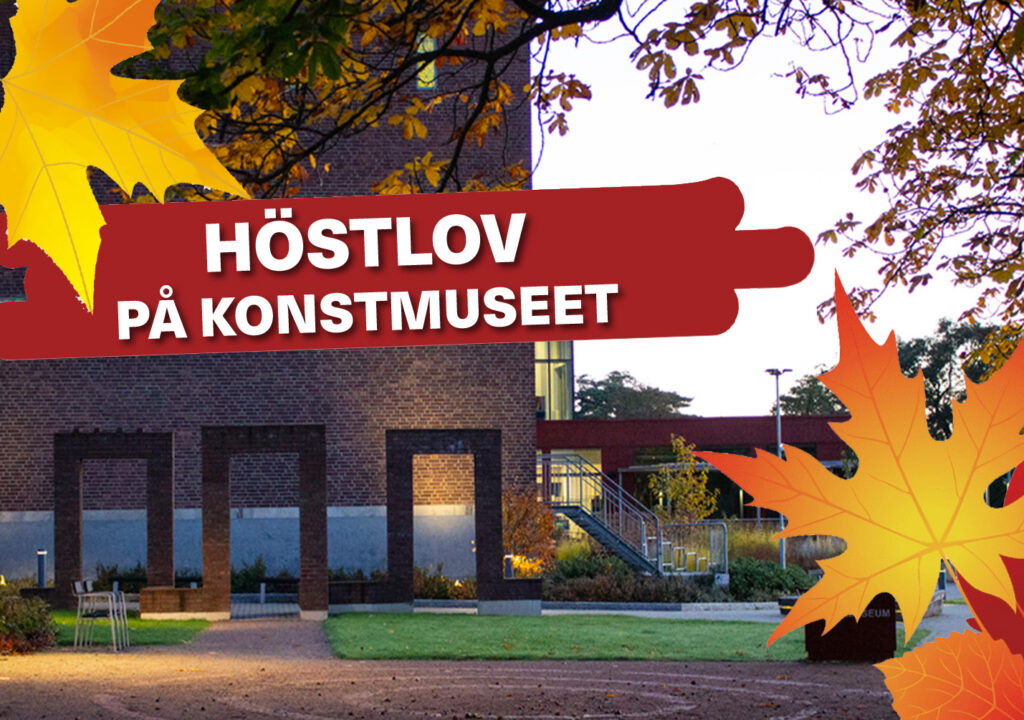 Foto av Hallands Konstmuseum där det placerats höstlöv och textremsor ovanpå.