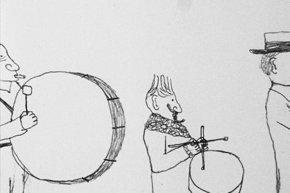Svartvit illustration av trumslagare som går på rad.