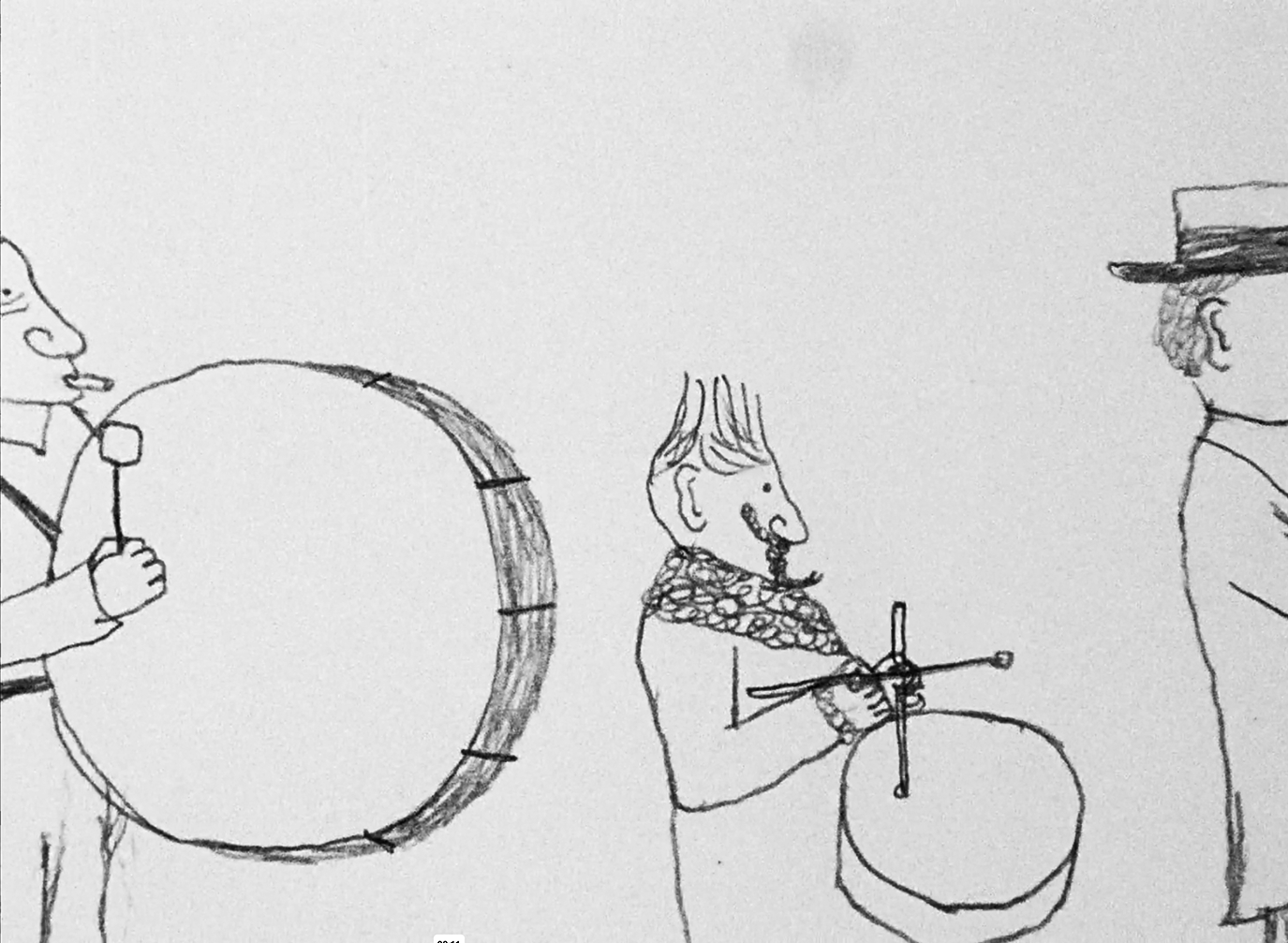 Svartvit illustration av trumslagare som går på rad.