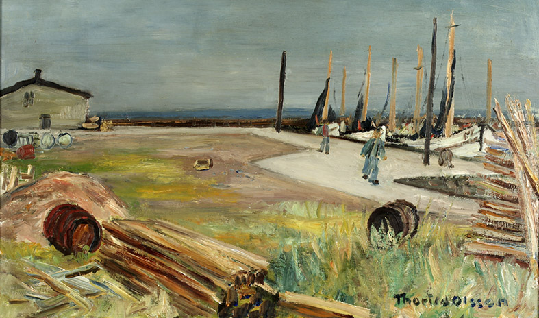 Oljemålning av Thorild Olsson föreställande Glommens hamn.