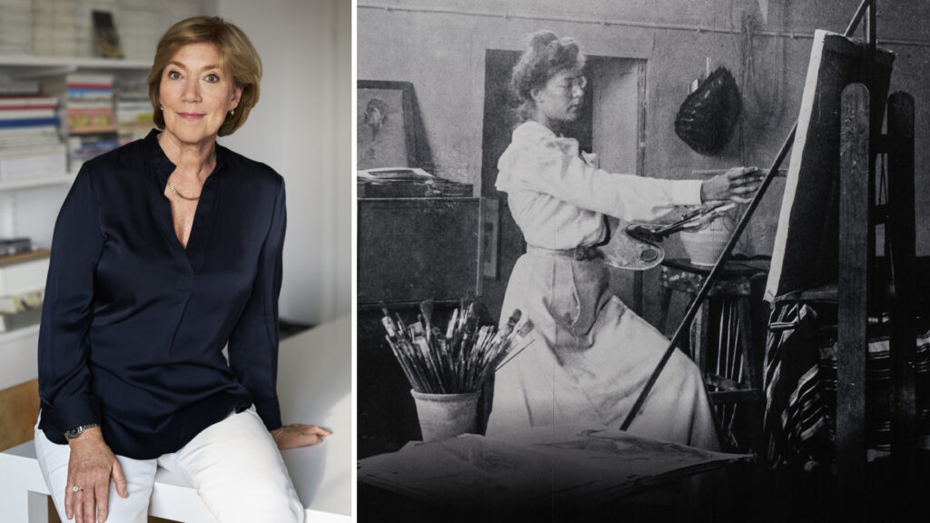 Porträtt av föredragshållaren Karin Ström Lehander samt ett svartvitt foto av Tyra Kleen i sin ateljé.