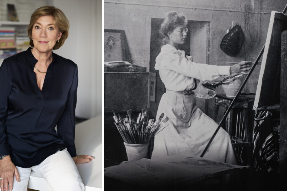 Porträtt av föredragshållaren Karin Ström Lehander samt ett svartvitt foto av Tyra Kleen i sin ateljé.