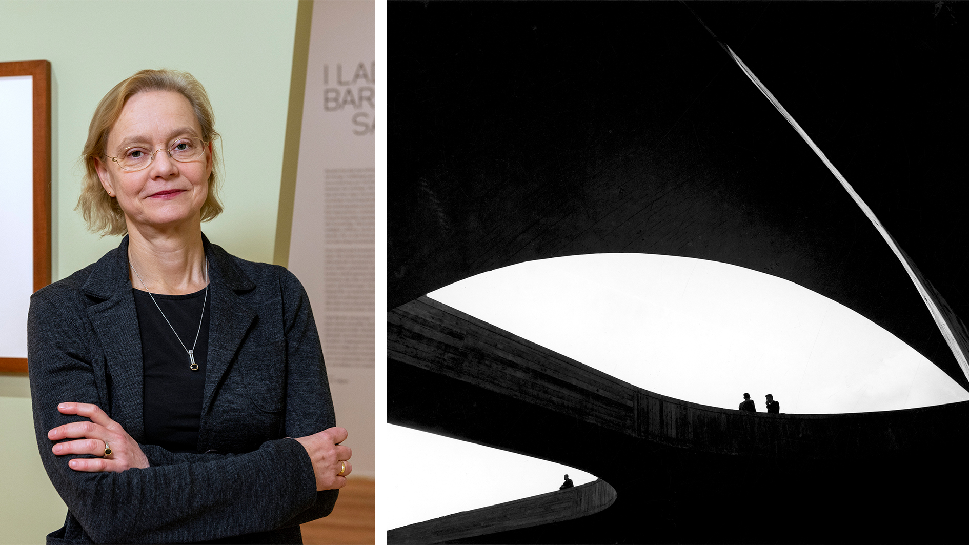 Porträtt av Anna Tellgren intill en bild av Lennart Olson.