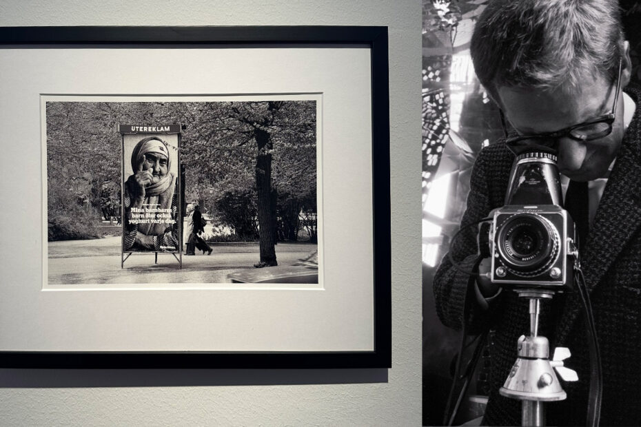 Ena halvan visar ett foto av Lennart Olson och andra halvan visar Lennart Olson bakom sin kamera.