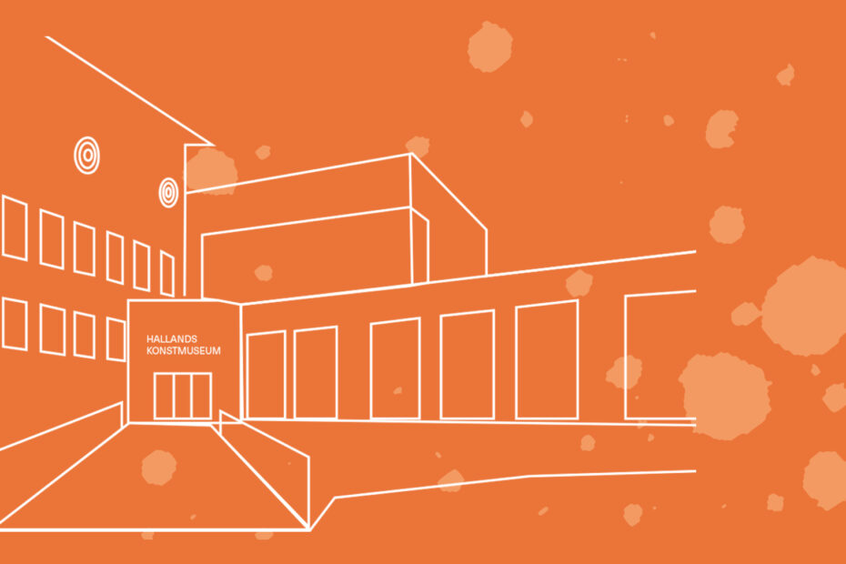 Vit streckillustration av Hallands Konstmuseum mot orange bakgrund, omgivet av färgstänk av en pensel.