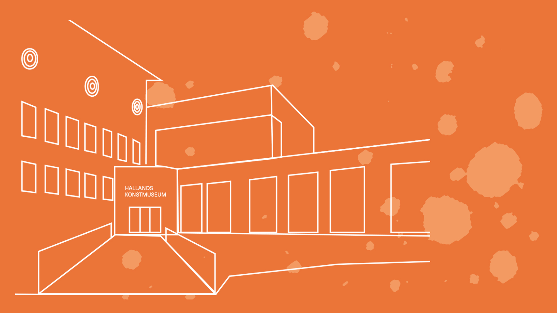 Vit streckillustration av Hallands Konstmuseum mot orange bakgrund, omgivet av färgstänk av en pensel.