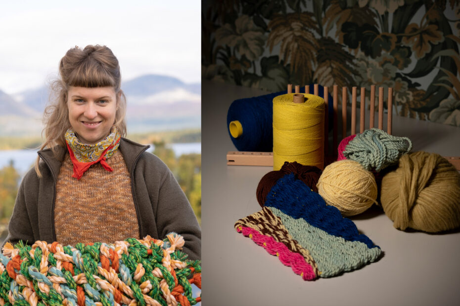 Textilkonstnären Sofie Karlsson med textilier vävda med en så kallad peg loom.