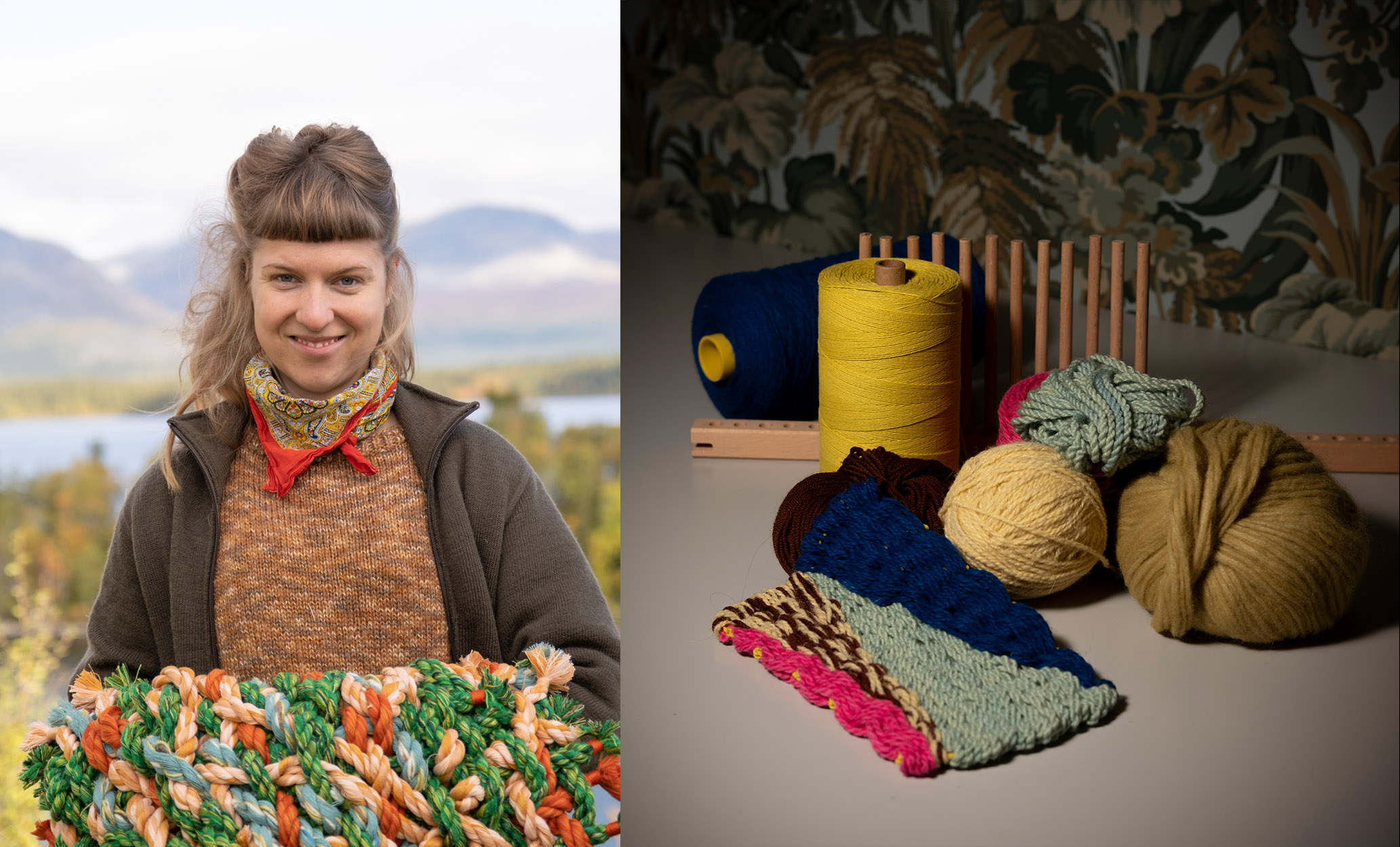 Textilkonstnären Sofie Karlsson med textilier vävda med en så kallad peg loom.