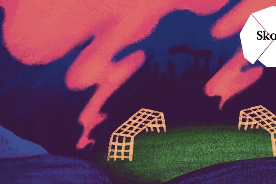 Illustration med ett fotbollsmål och logotyp för samtalsserien Skavet.