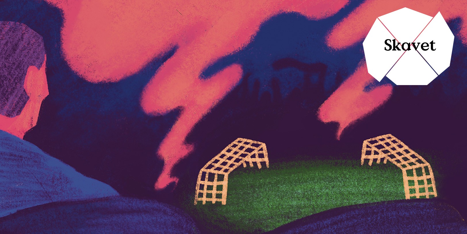 Illustration med ett fotbollsmål och logotyp för samtalsserien Skavet.
