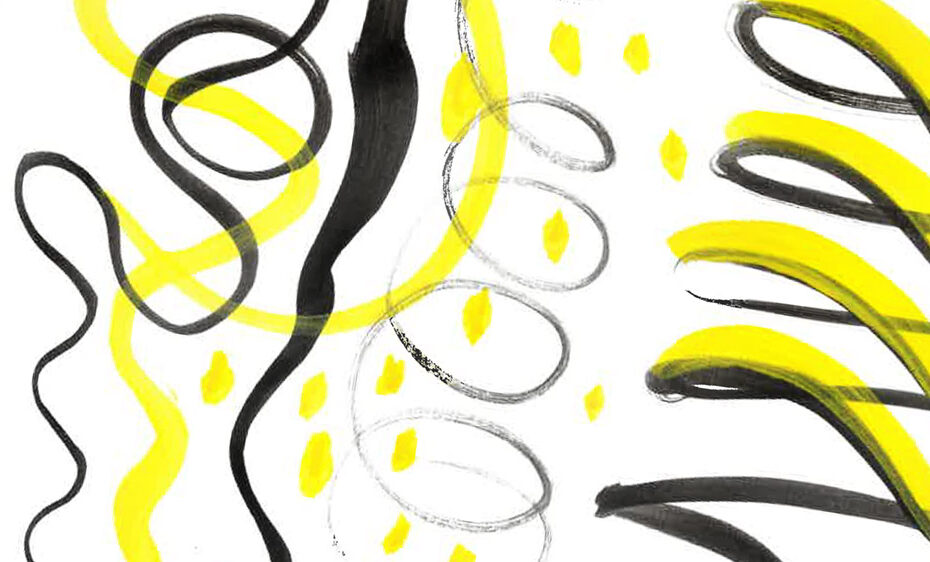 Teckning med penseldrag i svart och gul färg.