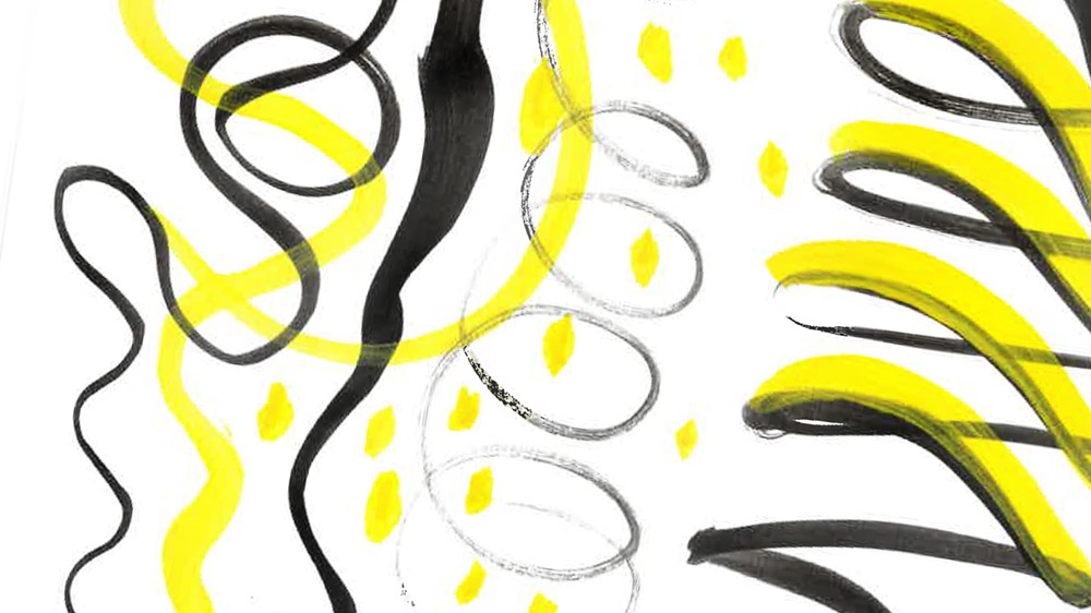 Teckning med penseldrag i svart och gul färg.