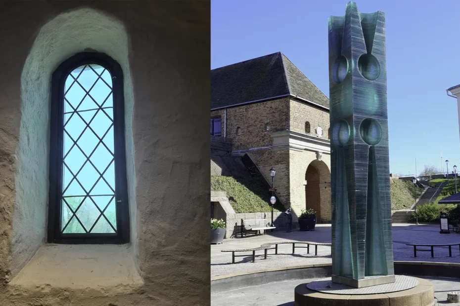 Ena halvan föreställer ett fönster i kapellet på Hallands Konstmuseum. Den andra halvan är en staty i fontänen framför Norre Port.