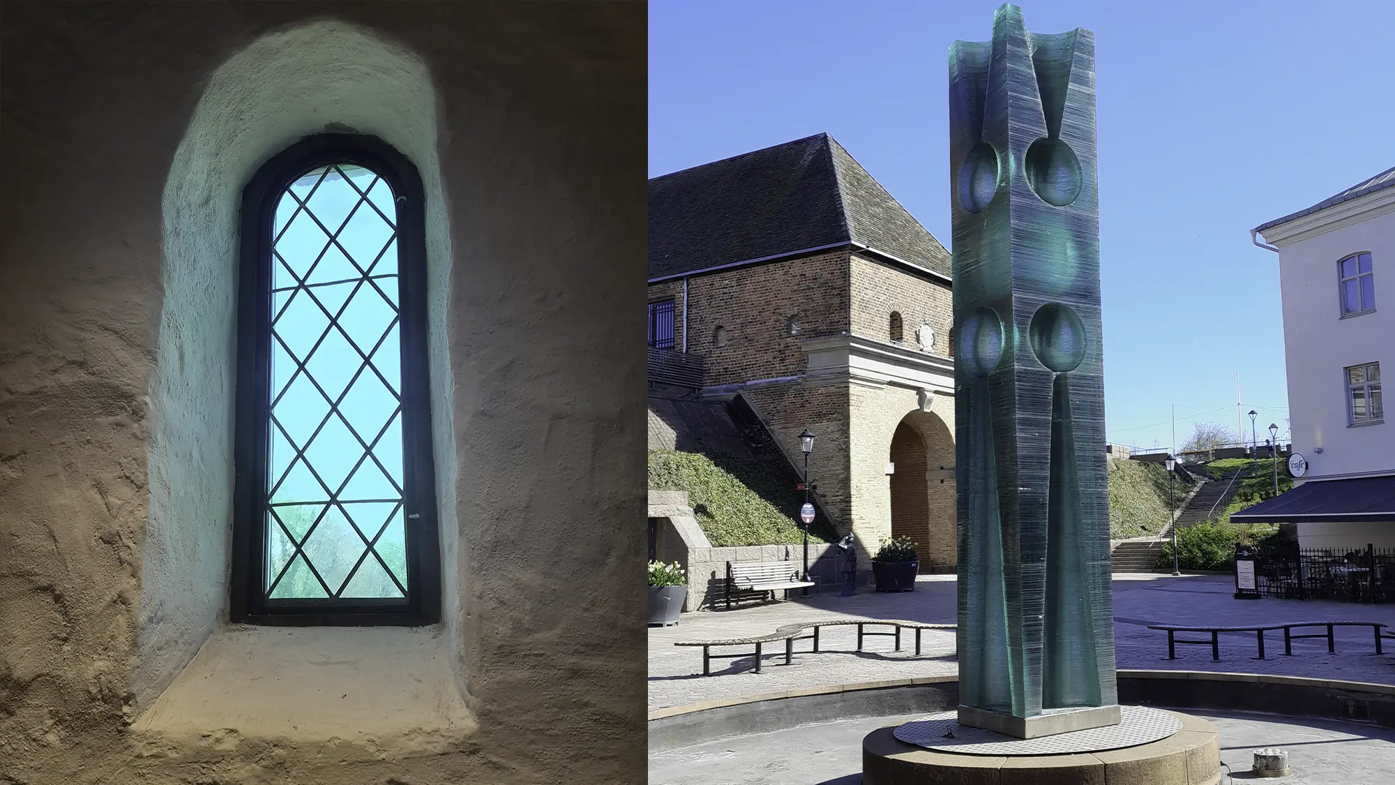 Ena halvan föreställer ett fönster i kapellet på Hallands Konstmuseum. Den andra halvan är en staty i fontänen framför Norre Port.