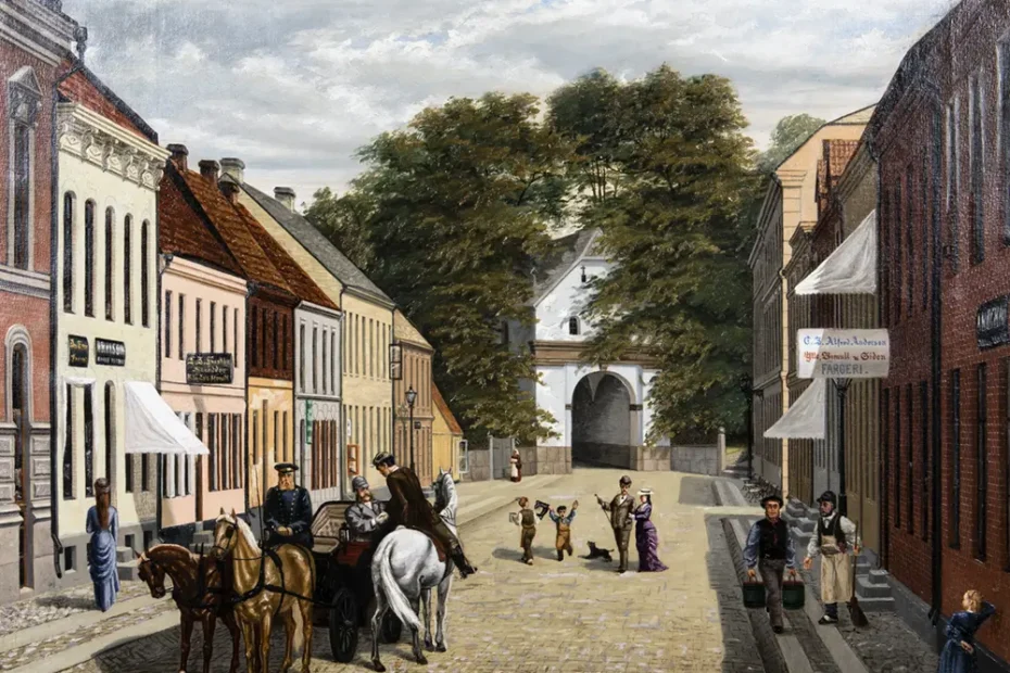Målning av Carl Stendahl föreställande Storgatan i Halmstad under sent 1800-tal.