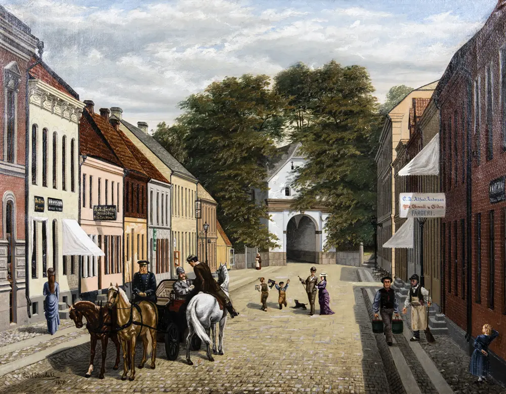 Målning av Carl Stendahl föreställande Storgatan i Halmstad under sent 1800-tal.