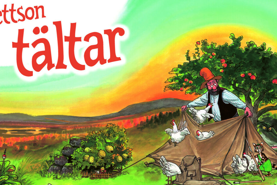 Illustration där karaktärerna Pettson och Findus slår upp ett tält.