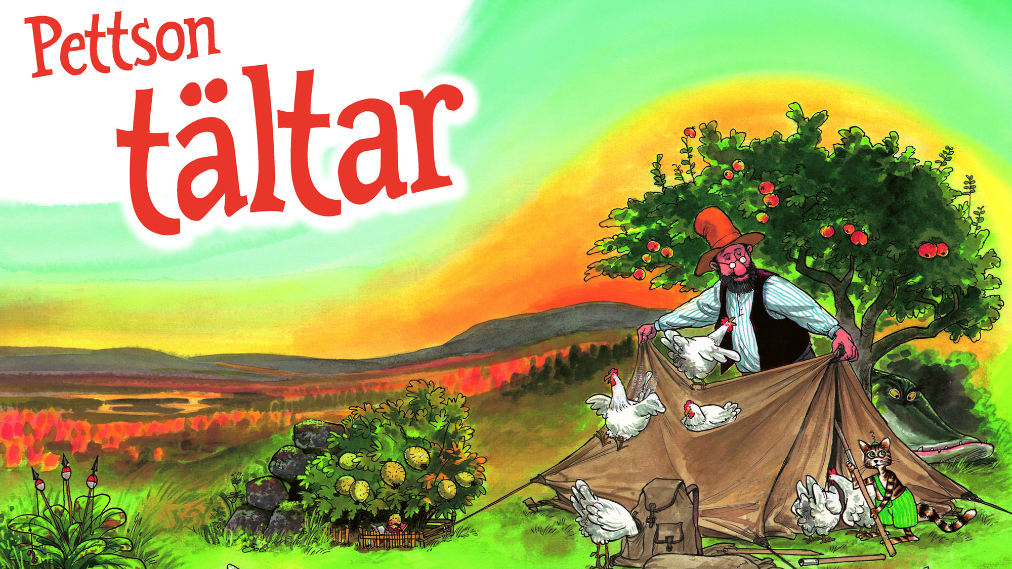 Illustration där karaktärerna Pettson och Findus slår upp ett tält.