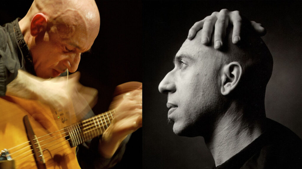 Två sammansatta närbilder av musikern Elliott Sharp.