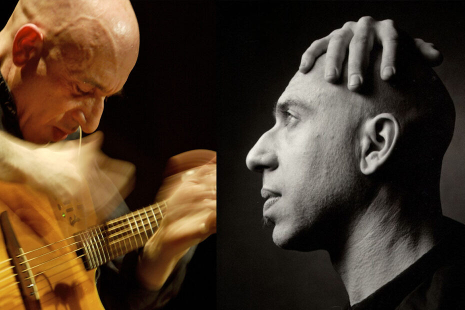Två sammansatta närbilder av musikern Elliott Sharp.