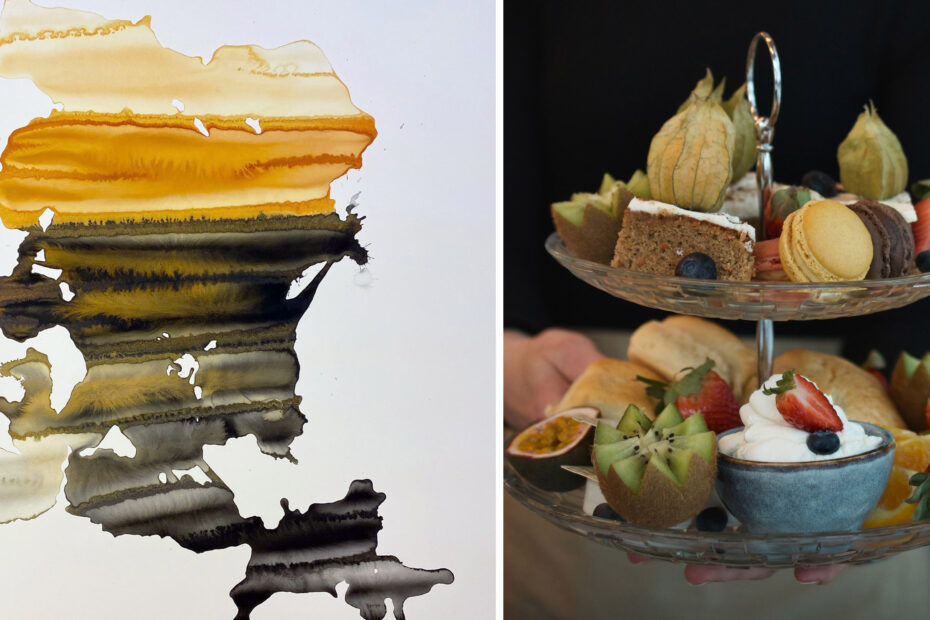 Delad bild med detalj av konstverk ur utställningen med Art Inside Out och en bild på ett fat från Afternoon Tea.