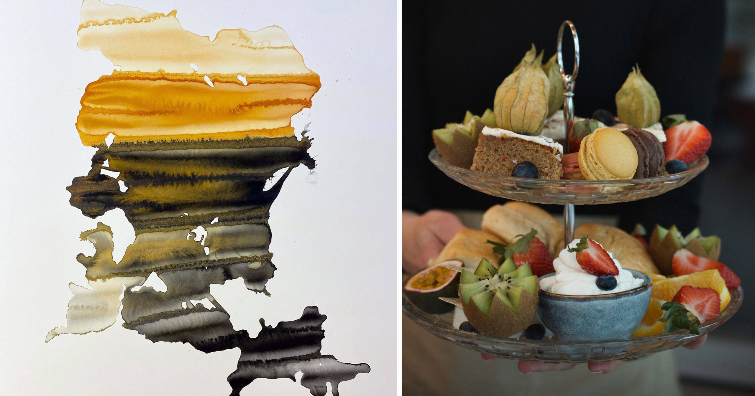 Delad bild med detalj av konstverk ur utställningen med Art Inside Out och en bild på ett fat från Afternoon Tea.