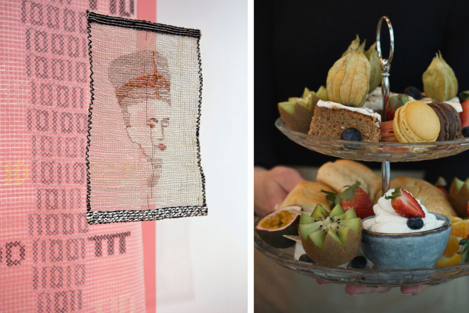 Delad bild med detalj av konstverk ur Eufemia och en bild på ett fat från Afternoon Tea.