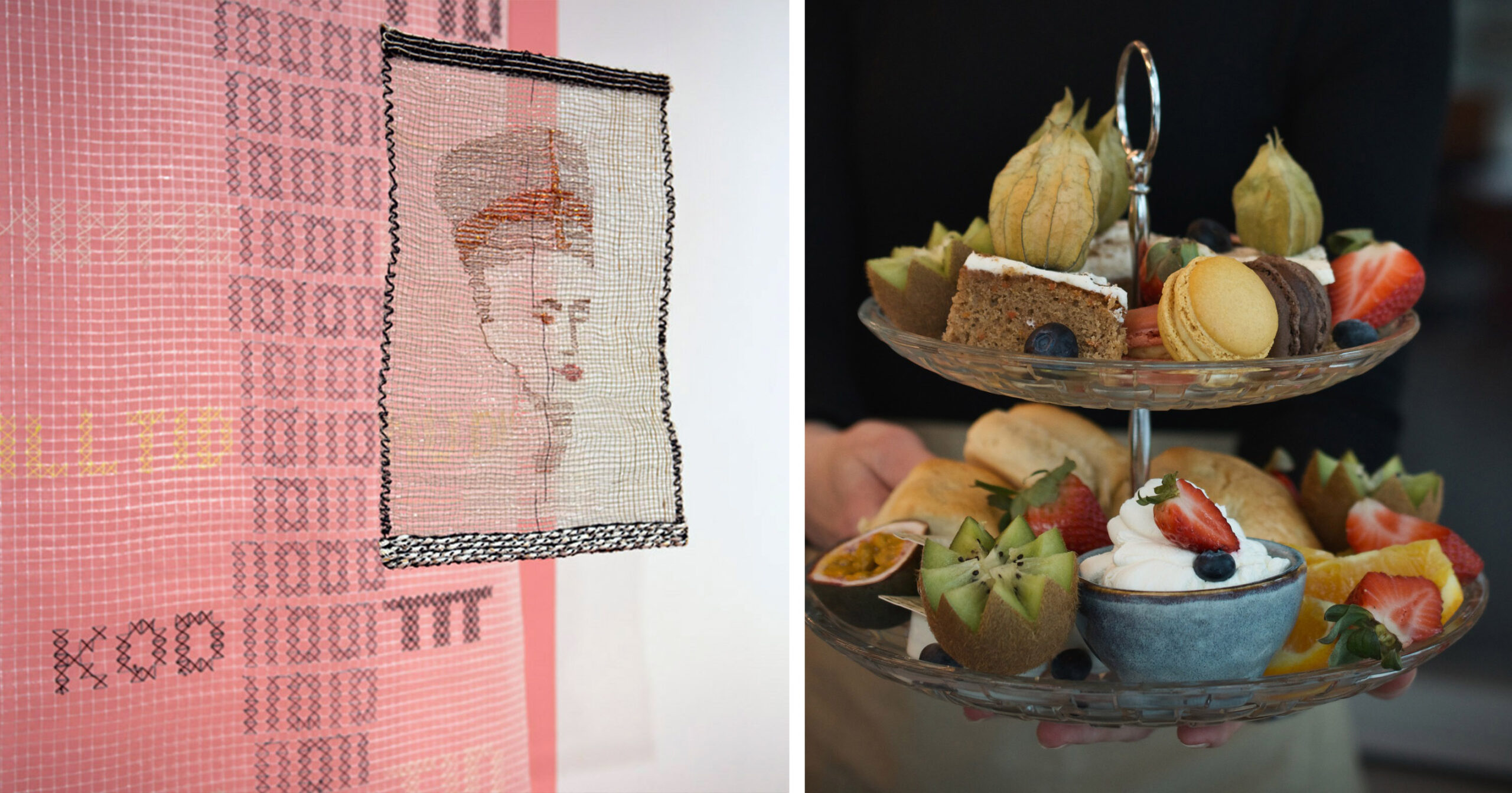 Delad bild med detalj av konstverk ur Eufemia och en bild på ett fat från Afternoon Tea.