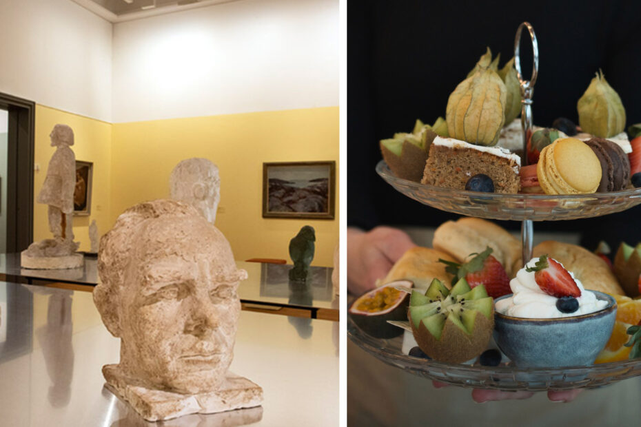 Delad bild med detalj av konstverk ur utställningen med Hallandsringen och en bild på ett fat från Afternoon Tea.
