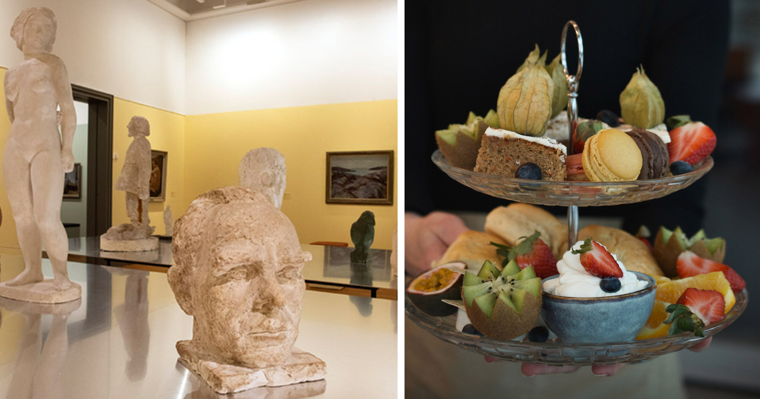 Delad bild med detalj av konstverk ur utställningen med Hallandsringen och en bild på ett fat från Afternoon Tea.