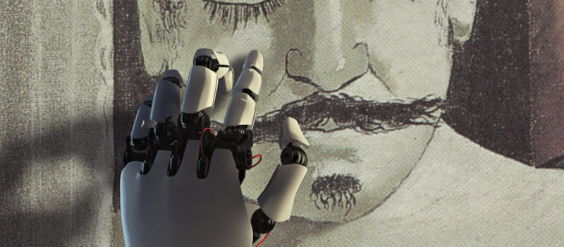 Robotliknande hand snuddar vid ett tecknat ansikte.