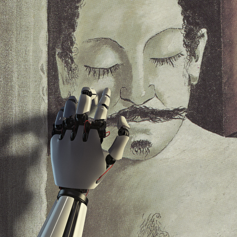 Robotliknande hand snuddar vid ett tecknat ansikte.