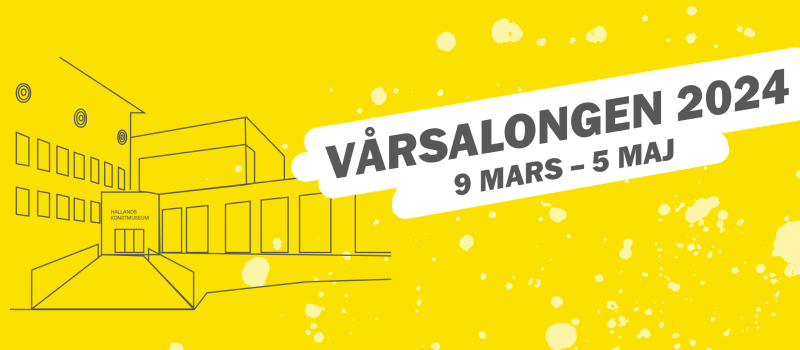 Grafisk bild med gul bakgrund, färgstänk och Hallands Konstmuseums silhuett .